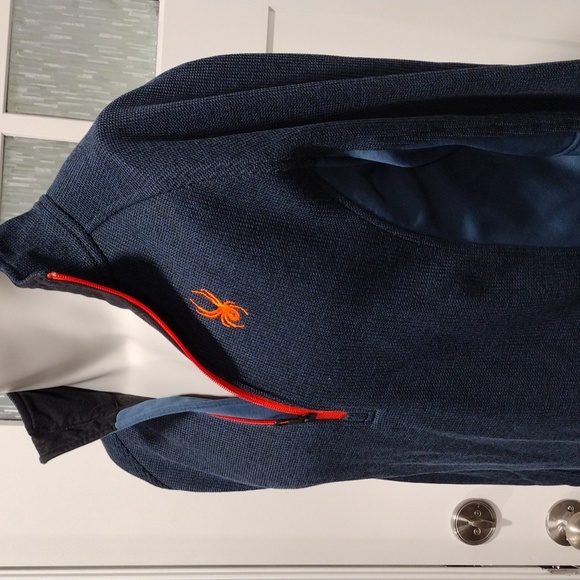 Spyder men's navy blue zip pullover with orange detailing. Medium - Picture 1 of 9